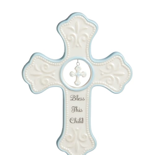 Boy's Fleur de Lis Blue Hanging Cross - 7&quot;