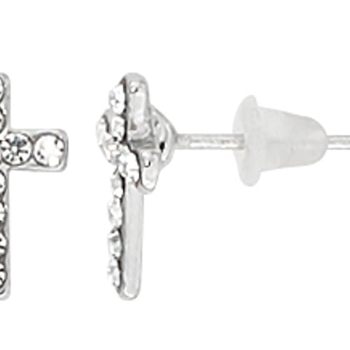 Petite Silver &amp; Rhinestone Cross Earrings