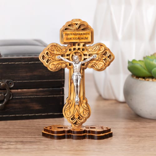 Standing Olive Wood Pardon Crucifix - 5&quot;