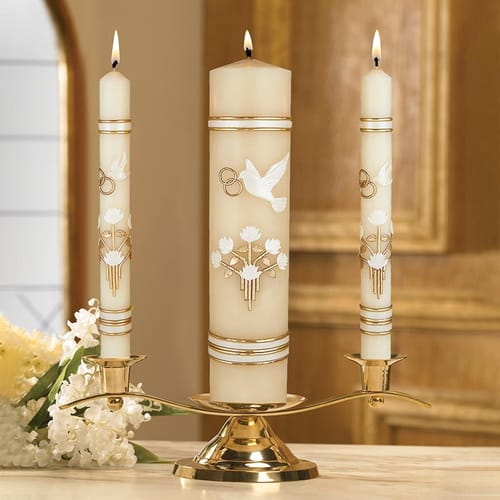 Dove &amp; Rings Wedding Unity Candle Set - Gold