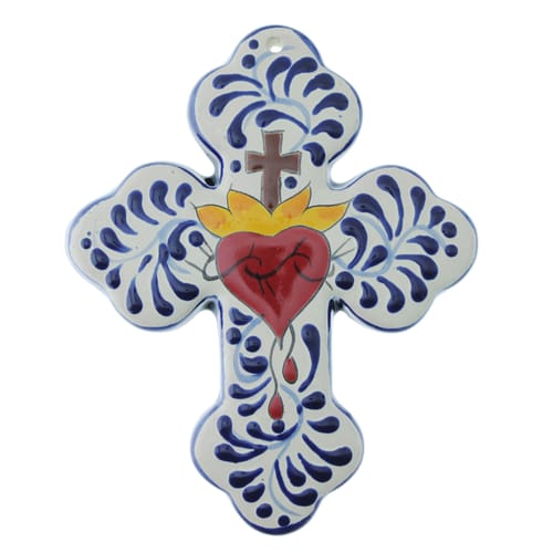 Sacred Heart Mexican Talavera Budded Cross