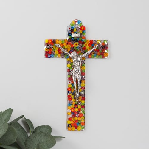 Italian Murano Glass Wall Flowers Crucifix