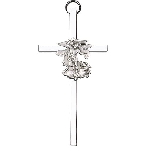 4 inch Antique Silver St. Michael on a Polished Silver Finish Cross