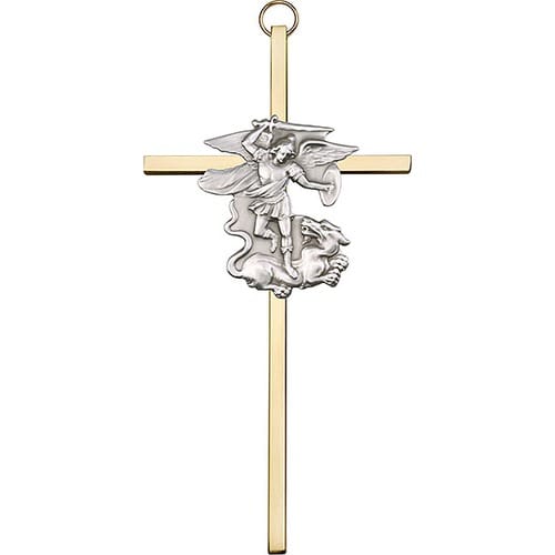 6 inch Antique Gold St. Michael on a Polished Brass Cross