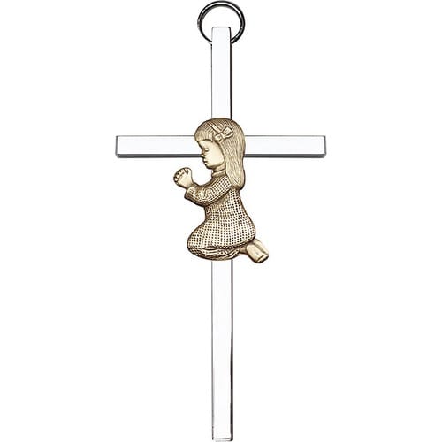 4 inch Antique Gold Praying Girl on a Polished Silver Finish Cross