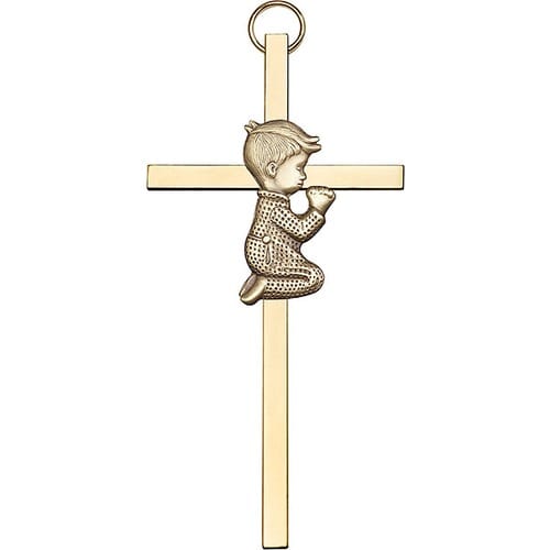4 inch Antique Gold Praying Boy on a Polished Brass Cross
