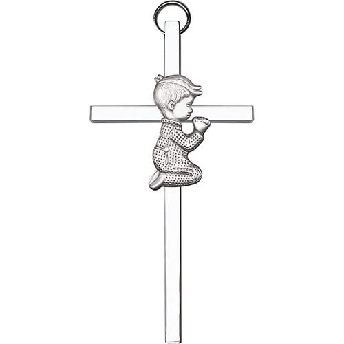 4 inch Antique Silver Praying Boy on a Polished Silver Finish Cross