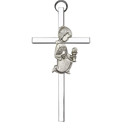 4 inch Antique Silver First Communion Girl on a Polished Silver Finish Cross