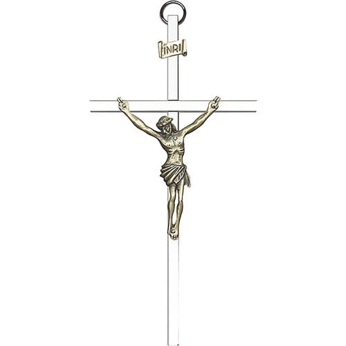 6 inch Antique Gold Crucifix on a Polished Silver Finish Cross