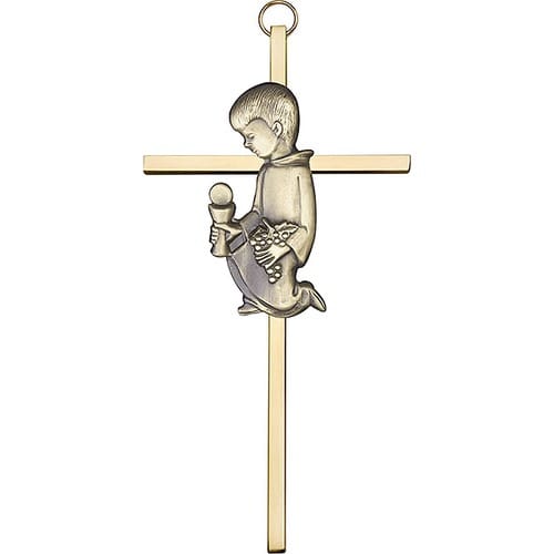 6 inch Antique Gold Communion Boy on a Polished Brass Cross