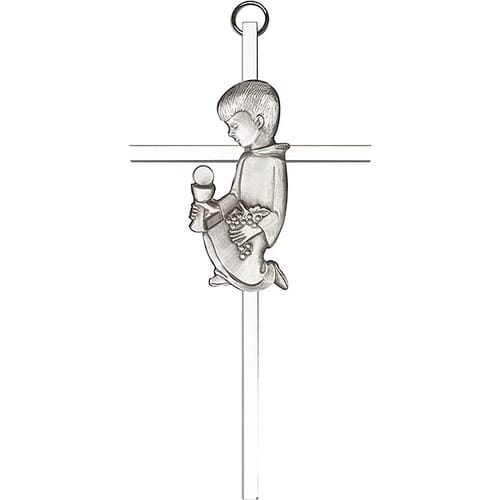 6 inch Antique Silver Communion Boy on a Polished Silver Finish Cross