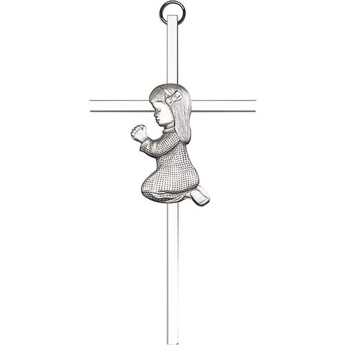 6 inch Antique Silver Praying Girl on a Polished Silver Finish Cross