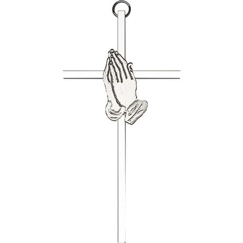 6 inch Antique Silver Praying Hands on a Polished Silver Finish Cross