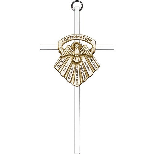 6 inch Antique Gold Confirmation on a Polished Silver Finish Cross