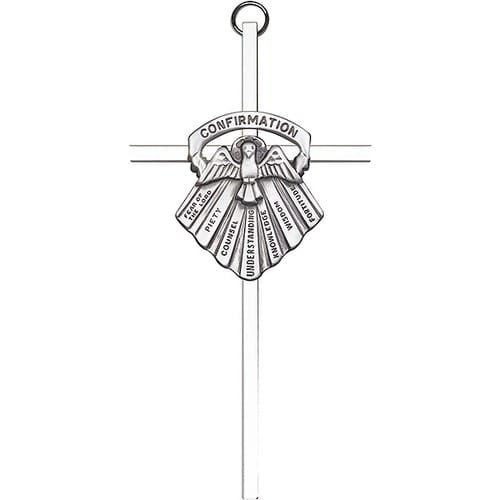 6 inch Antique Silver Confirmation on a Polished Silver Finish Cross
