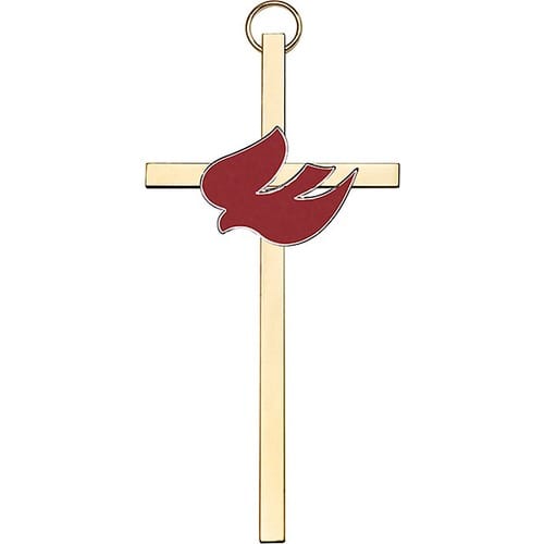 4 inch Polished Brass Red Enamel Holy Spirit on a Polished Brass Cross