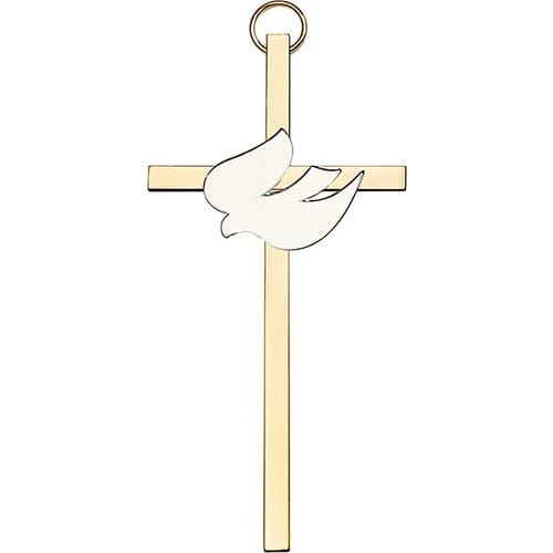 4 inch Polished Silver Finish White Enamel Holy Spirit on a Polished Brass Cross