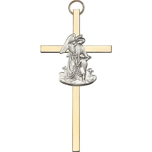 4 inch Antique Gold Guardian Angel on a Polished Brass Cross