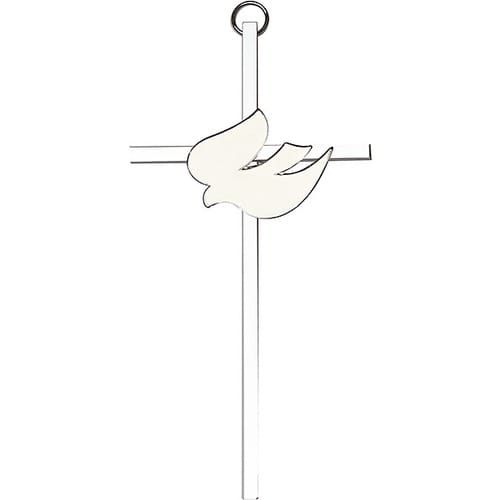 6 inch Polished Brass White Enamel Holy Spirit on a Polished Silver Finish Cross