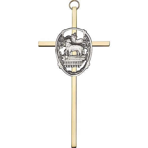 6 inch Antique Gold Lamb of God on a Polished Brass Cross