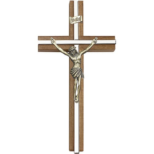 6 inch Antique Gold Crucifix, Walnut w/ Polished Silver Finish inlay