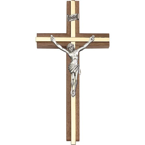 6 inch Antique Silver Crucifix, Walnut w/ Polished Brass inlay