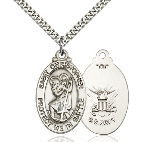 Sterling Silver St. Christopher Pendant/Navy
