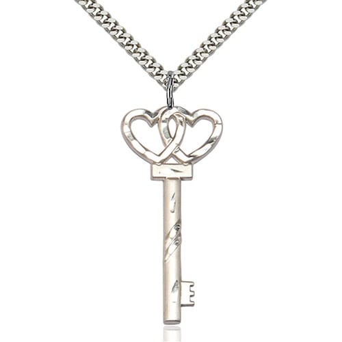 Sterling Silver KEY W/DOUBLE HEARTS Pendant