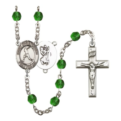 St. Christopher/Baseball Green May Rosary 6mm