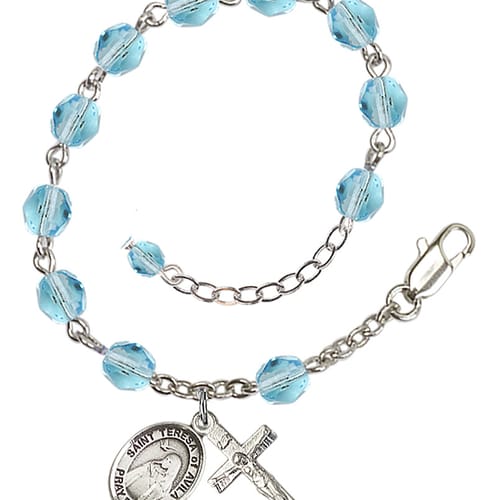 St. Teresa Of Avila Aqua Blue March Rosary Bracelet 6mm