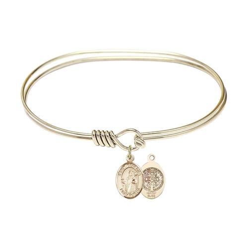 Adult 7&quot; Oval Gold Plated Bangle Bracelet with St. Benedict Medal Charm