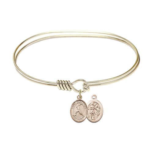 Adult 7&quot; Oval Gold Plated Bangle Bracelet with St. Sebastian/Baseball Medal Charm