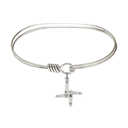 Adult 7&quot; Oval Rhodium Plated Bangle Bracelet with St. Brigid Cross Medal Charm