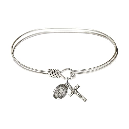 Adult 7&quot; Oval Rhodium Plated Bangle Bracelet with Miraculous/Crucifix Charm