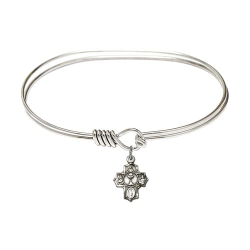 Adult 7&quot; Oval Rhodium Plated Bangle Bracelet with Communion 5-Way Charm