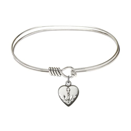 Adult 7&quot; Oval Rhodium Plated Bangle Bracelet with Heart / Confirmation Charm