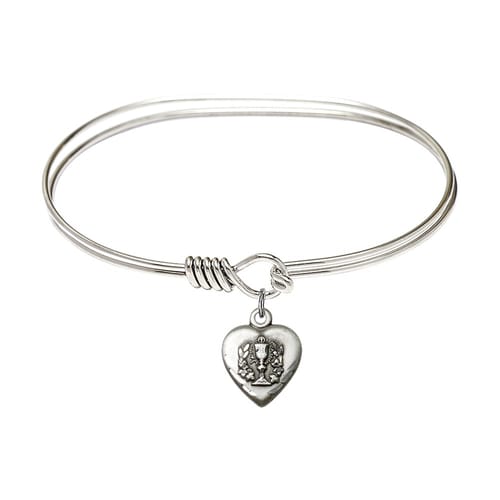 Adult 7&quot; Oval Rhodium Plated Bangle Bracelet with Heart / Communion Charm