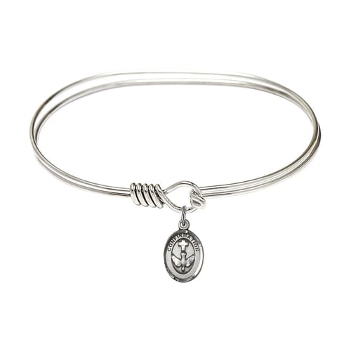 Adult 7&quot; Oval Rhodium Plated Bangle Bracelet with Confirmation Charm