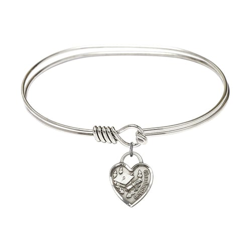 Adult 7&quot; Oval Rhodium Plated Bangle Bracelet with Graduation Heart Charm