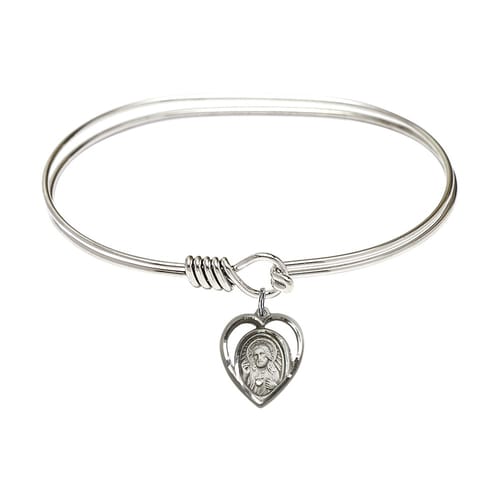 Adult 7&quot; Oval Rhodium Plated Bangle Bracelet with Scapular Charm
