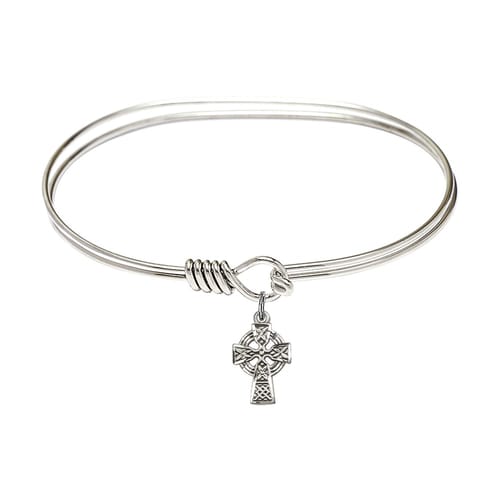Adult 7&quot; Oval Rhodium Plated Bangle Bracelet with Celtic Cross Charm