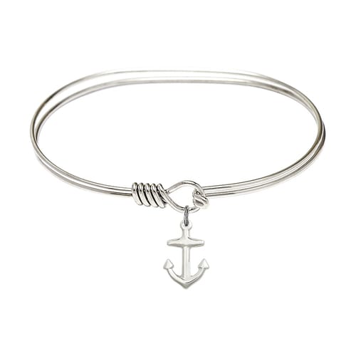 Adult 7&quot; Oval Rhodium Plated Bangle Bracelet with Anchor Charm