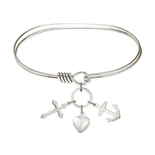 Adult 7&quot; Oval Rhodium Plated Bangle Bracelet with Faith, Hope &amp; Charity Charm