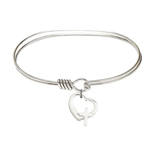 Adult 7&quot; Oval Rhodium Plated Bangle Bracelet with Heart / Cross Charm