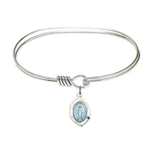 Adult 7&quot; Oval Rhodium Plated Bangle Bracelet with Miraculous Leaf Charm