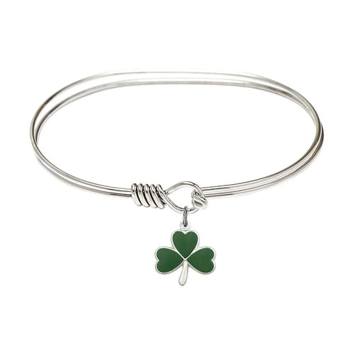 Adult 7&quot; Oval Rhodium Plated Bangle Bracelet with Shamrock Charm