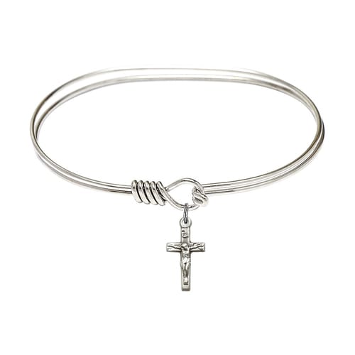 Adult 7&quot; Oval Rhodium Plated Bangle Bracelet with Crucifix Charm