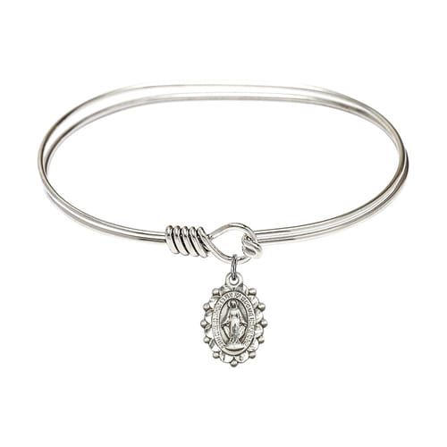 Adult 7&quot; Oval Rhodium Plated Bangle Bracelet with Miraculous Charm