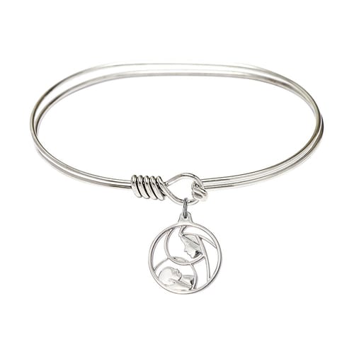 Adult 7&quot; Oval Rhodium Plated Bangle Bracelet with Madonna and Child Charm