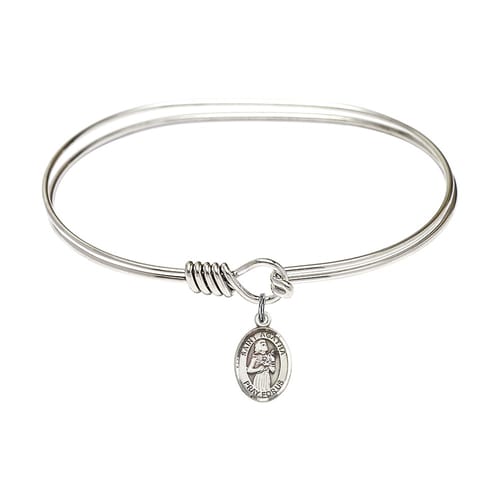 Adult 7&quot; Oval Rhodium Plated Bangle Bracelet with St. Agatha Medal Charm